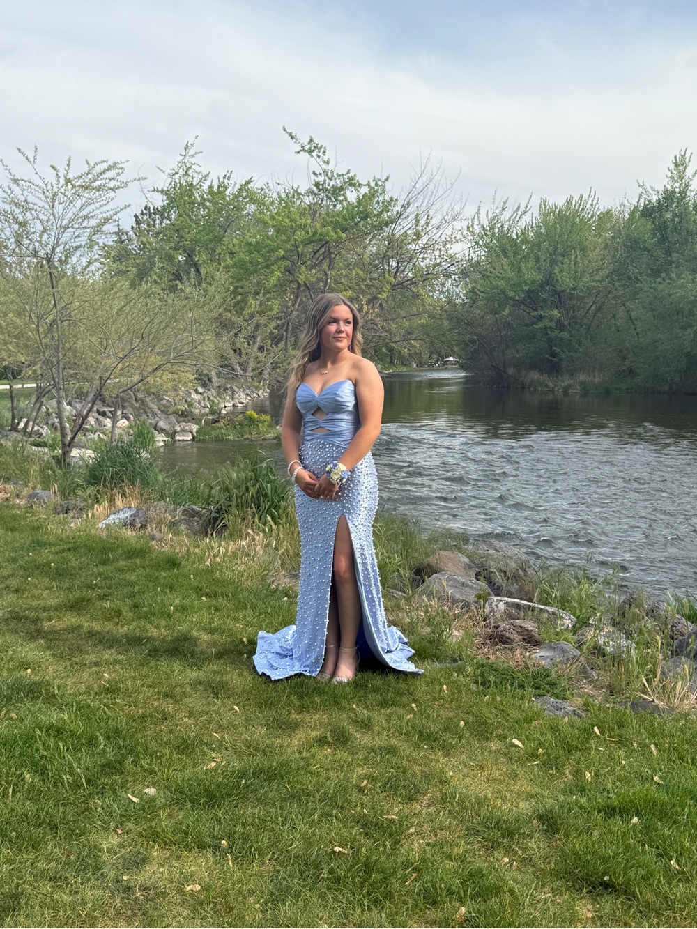 Sherri Hill Light Blue Beaded Strapless Prom Dress - Picture 2 of 4